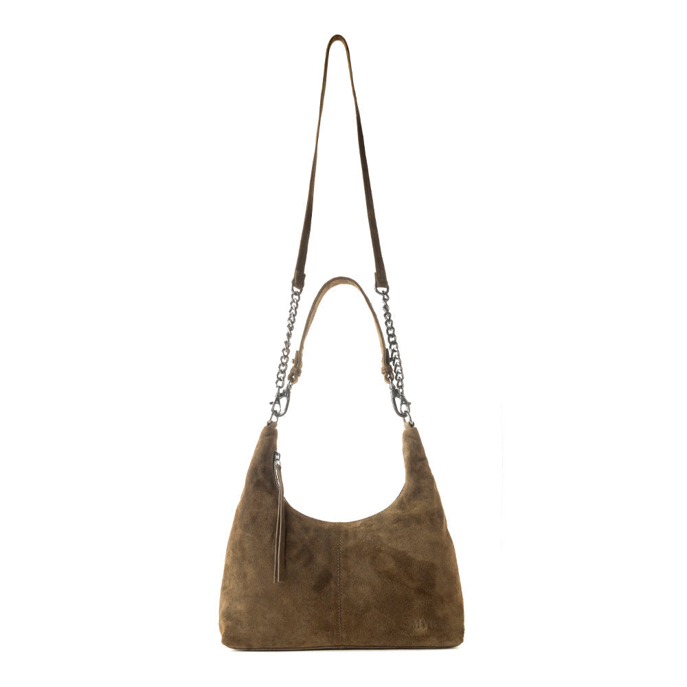 Myra Juniper Trail Genuine Suede Bag for Women in olive with soft finish with extra strap