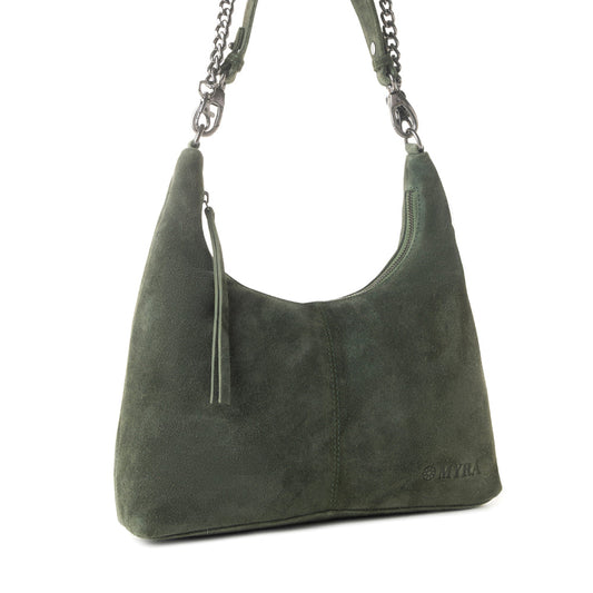 Myra Juniper Trail Genuine Suede Bag for Women in forest green with extra strap