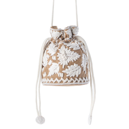 Myra Honey Vine Western Bucket Bag for Women in Jute with embroidered detail