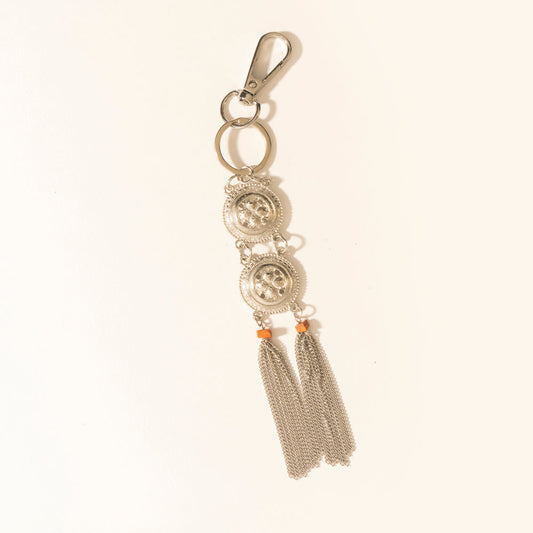 Myra Duo Medallion Tassel Keychain in Nickel Steel