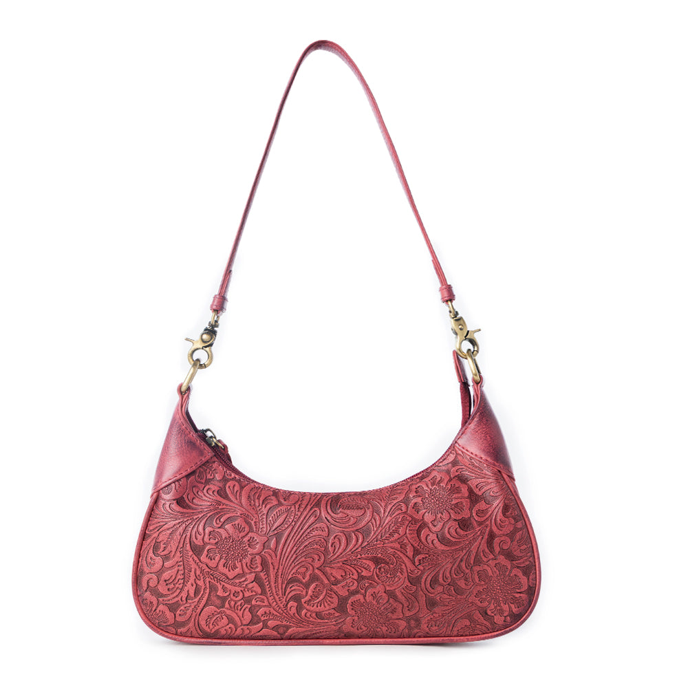Myra Heritage Vine Embossed Leather Bag for Women in Red with shoulder strap