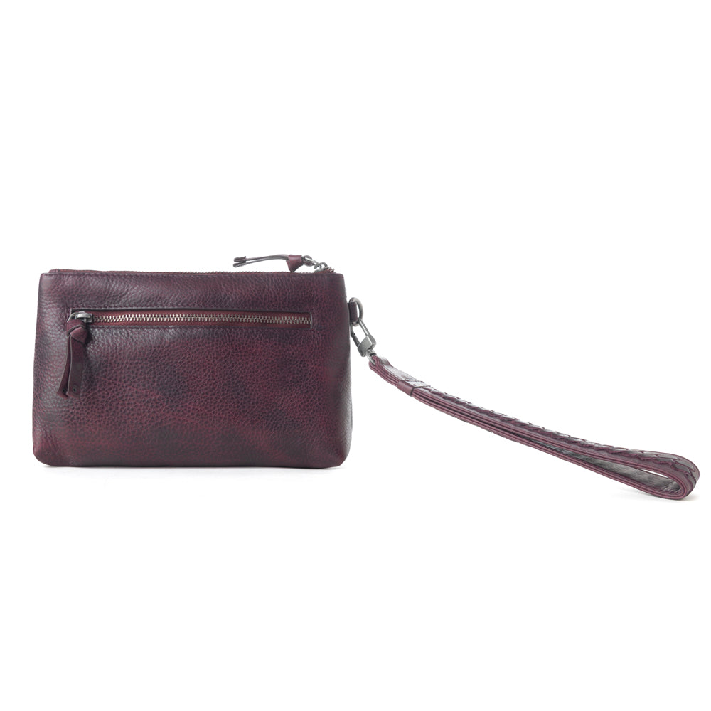 Myra Zidana Ethel Mini Veg Tanned Leather Wristlet in Rosa Maroon