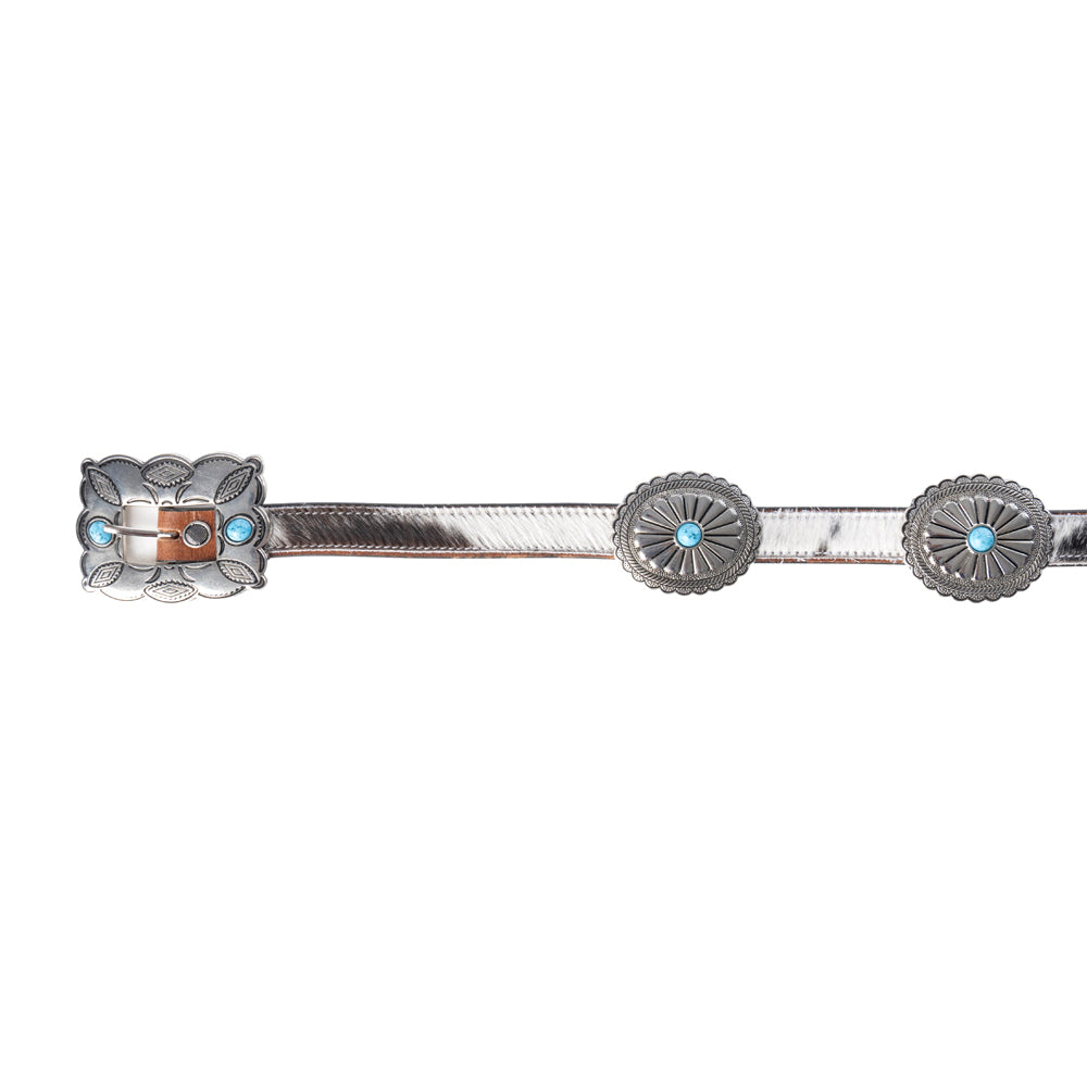 Myra Floracrest Hairon Concho Belt for Women with Handtooling and Turquoise Stone Buckle