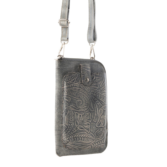 Myra Coyote Bloom Embossed mini sling for Women in sage with floral detail