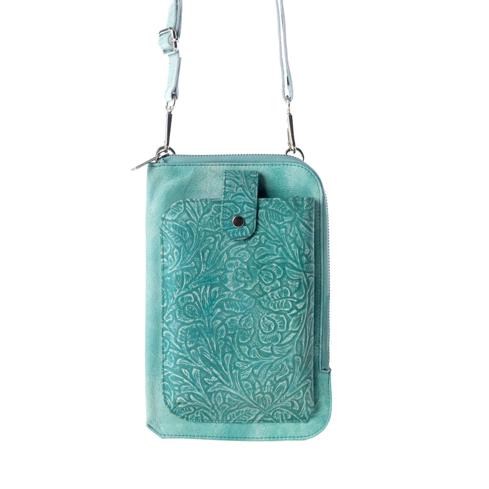 Myra Coyote Bloom Embossed mini sling for Women in aqua with floral detail