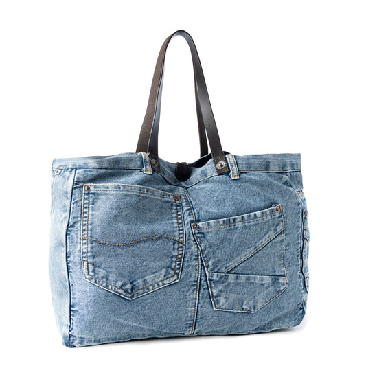 Myra Billyjean Western denim Tote Bag for Women in denim blue with leather detail