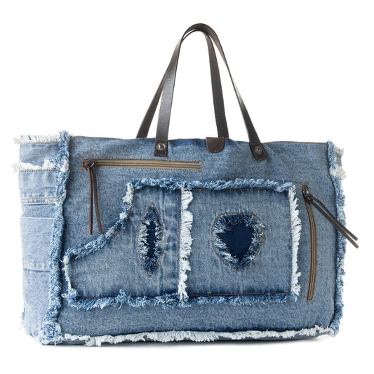Myra Frayed Frontier Western denim Tote Bag for Women in denim blue with fringe detail