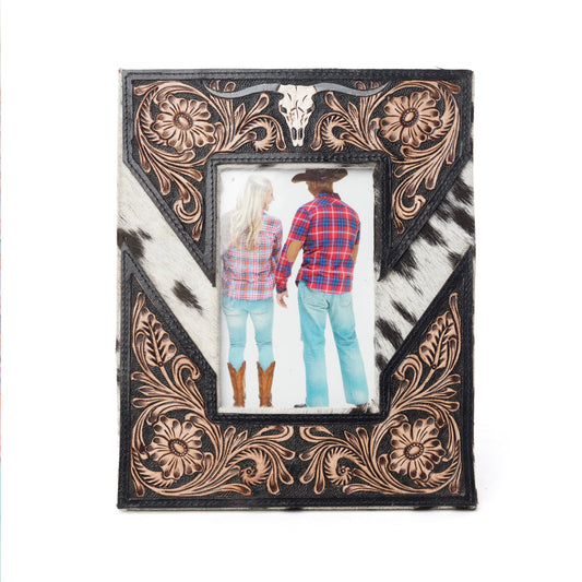 Myra Saddlewood Handtooled Leather Photo Frame in brown with hairon detail, western home décor
