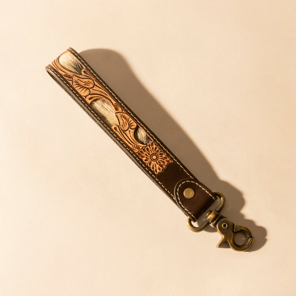 Myra Wildvine Pony Western Handtooled Key Fob in dark brown with hairon detail