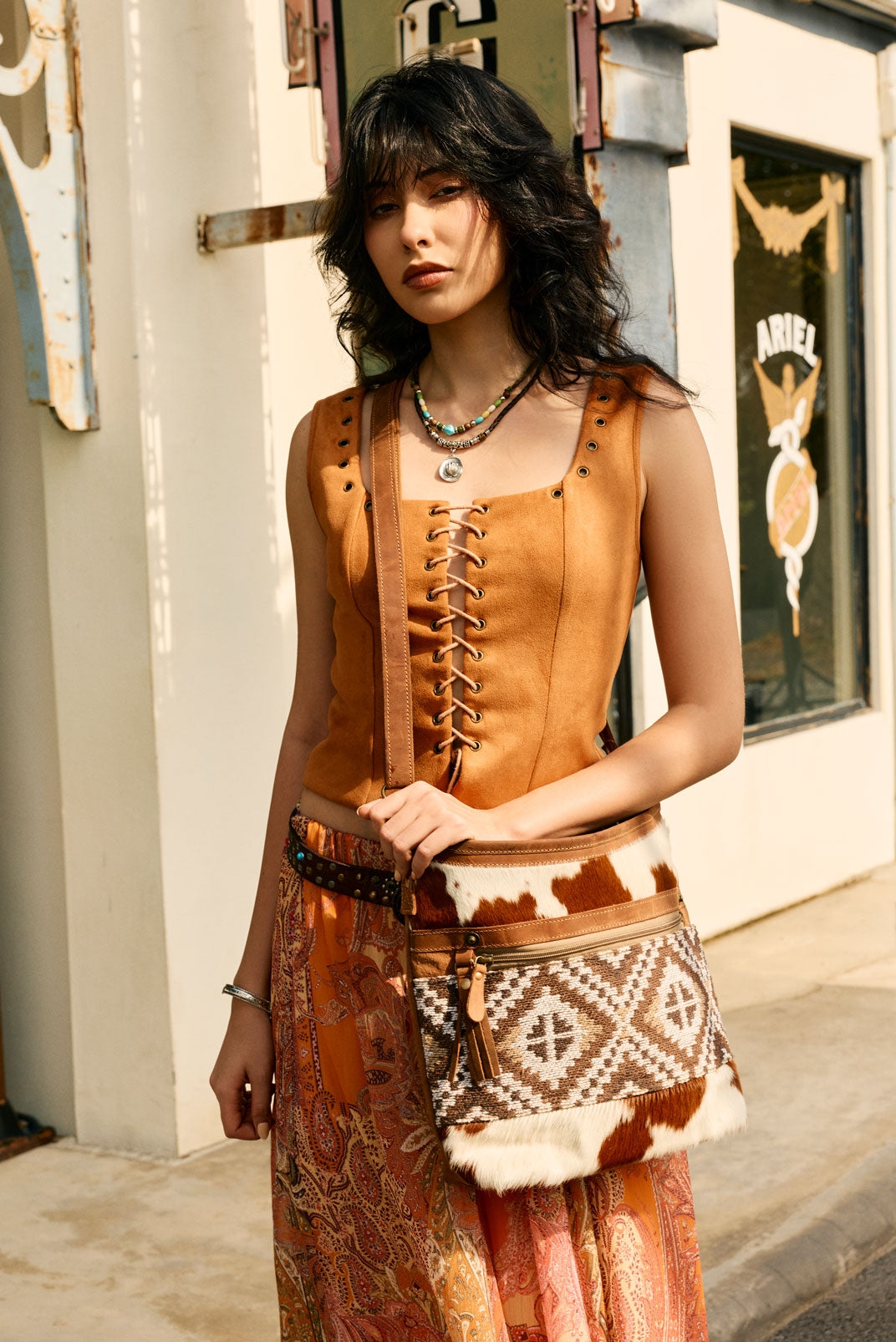 Myra Diamondback Trail Western Shoulder Bag for Women in Brown with Rug details
