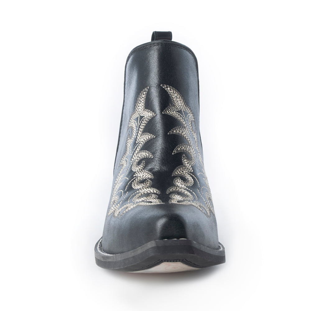 Myra Tempest Embroidered Cowgirl Booties in Onyx for Women in Genuine Leather with Snip Toe
