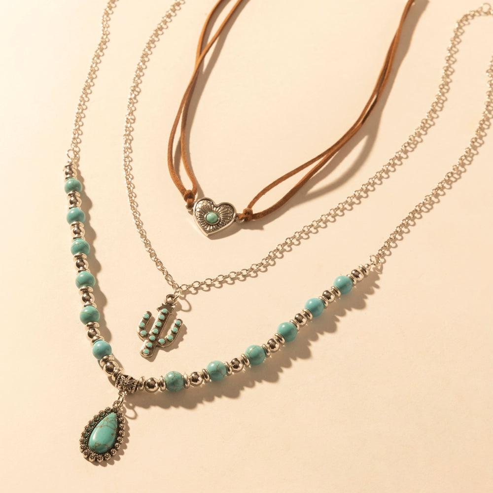 Myra Boho Mesa Layered Necklace for Women with turquoise bead and cactus pendant detail for western wear