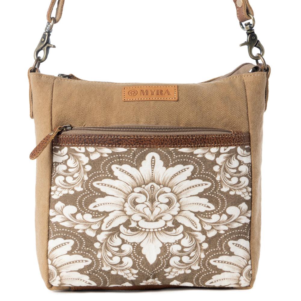 Myra Crestbloom Vintage Crossbody Bag for Women in olive with print detail