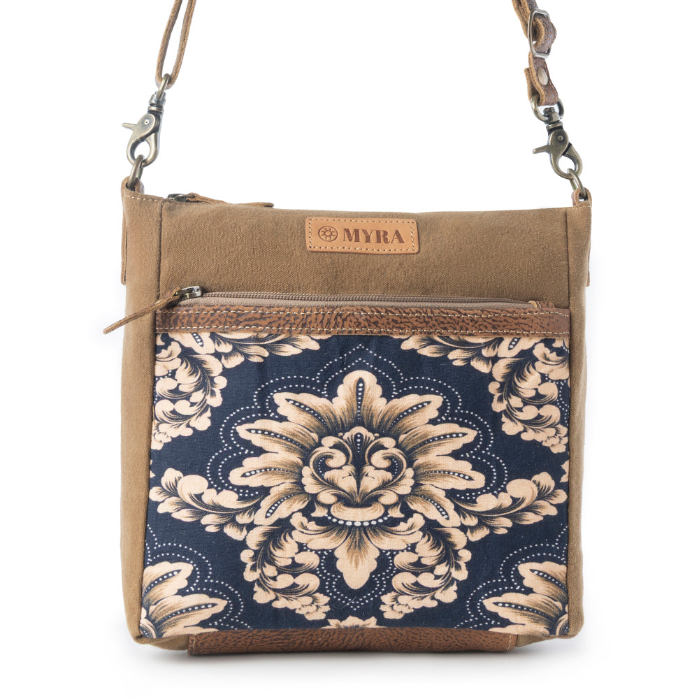 Myra Crestbloom Vintage Crossbody Bag for Women in navy with print detail