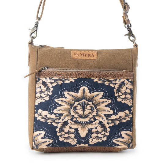 Myra Crestbloom Vintage Crossbody Bag for Women in navy with print detail