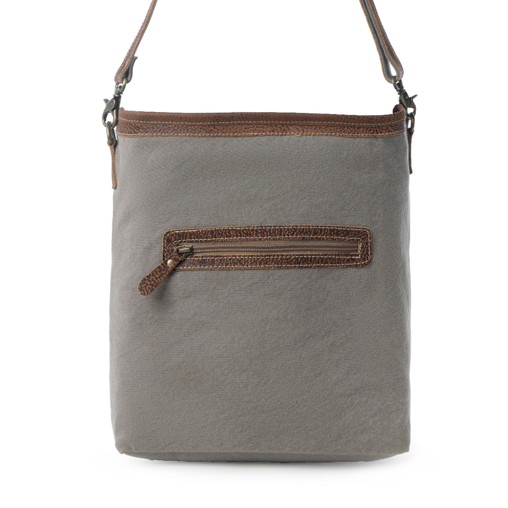 Myra Sagebrook Jacquard upcycled canvas Bag for Women in sage with leather detail