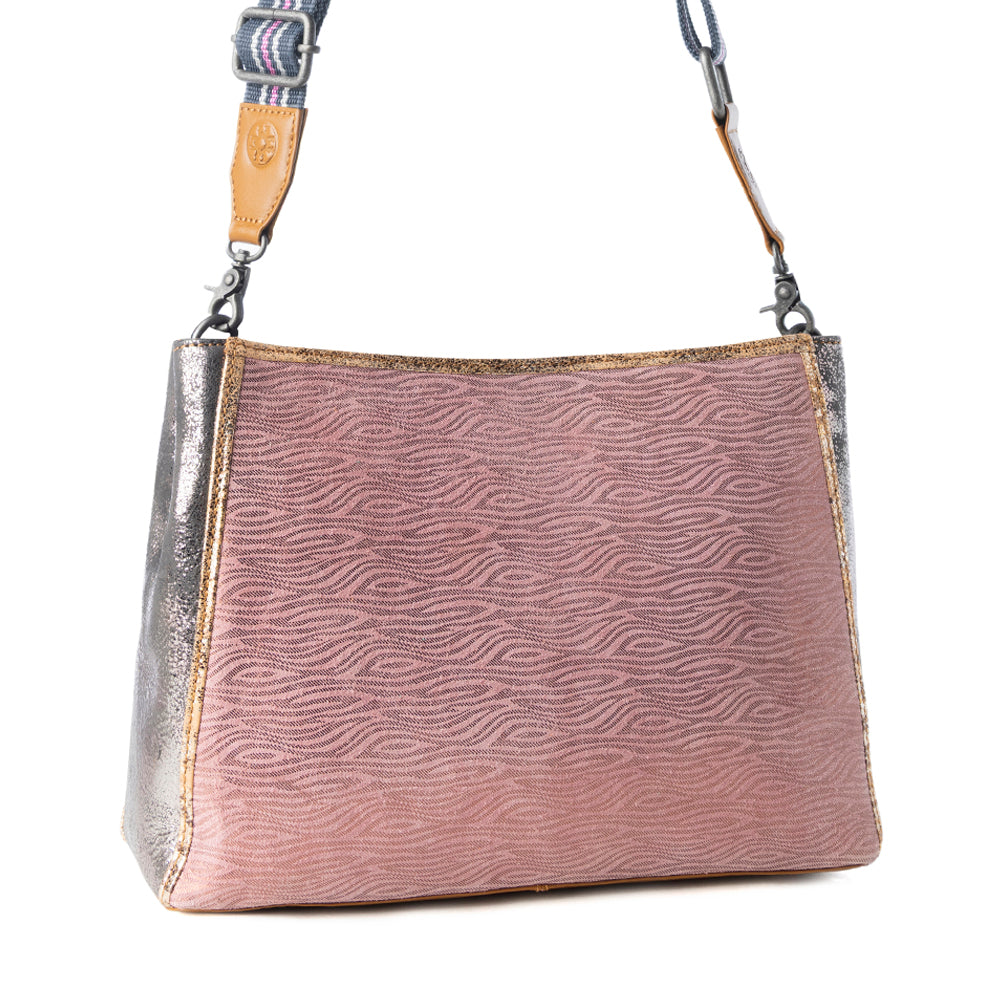 Myra Rosemist Leather Bag for Women in pink with textured detail and shoulder strap