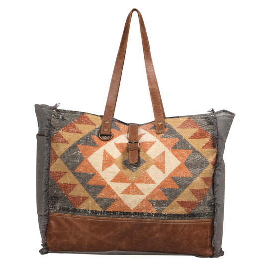 Myra Cosmopolitan Weekender Tote Bag Fringed Edges, Aztec Print Design with Buckle Flap Closure for Travel