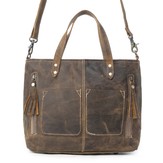 Myra Ultimate Choice Brown Suede Leather Handbag for Women Twin Top Handles, Crossbody Strap, Double Front Pockets