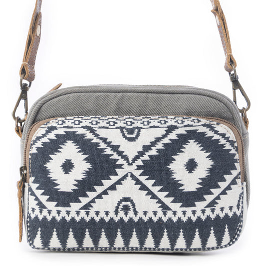 Myra Temptation Tribal Pattern Small Crossbody Bag for Women â€“ Geometric Canvas Front, Adjustable Leather Strap for Everyday Western Style