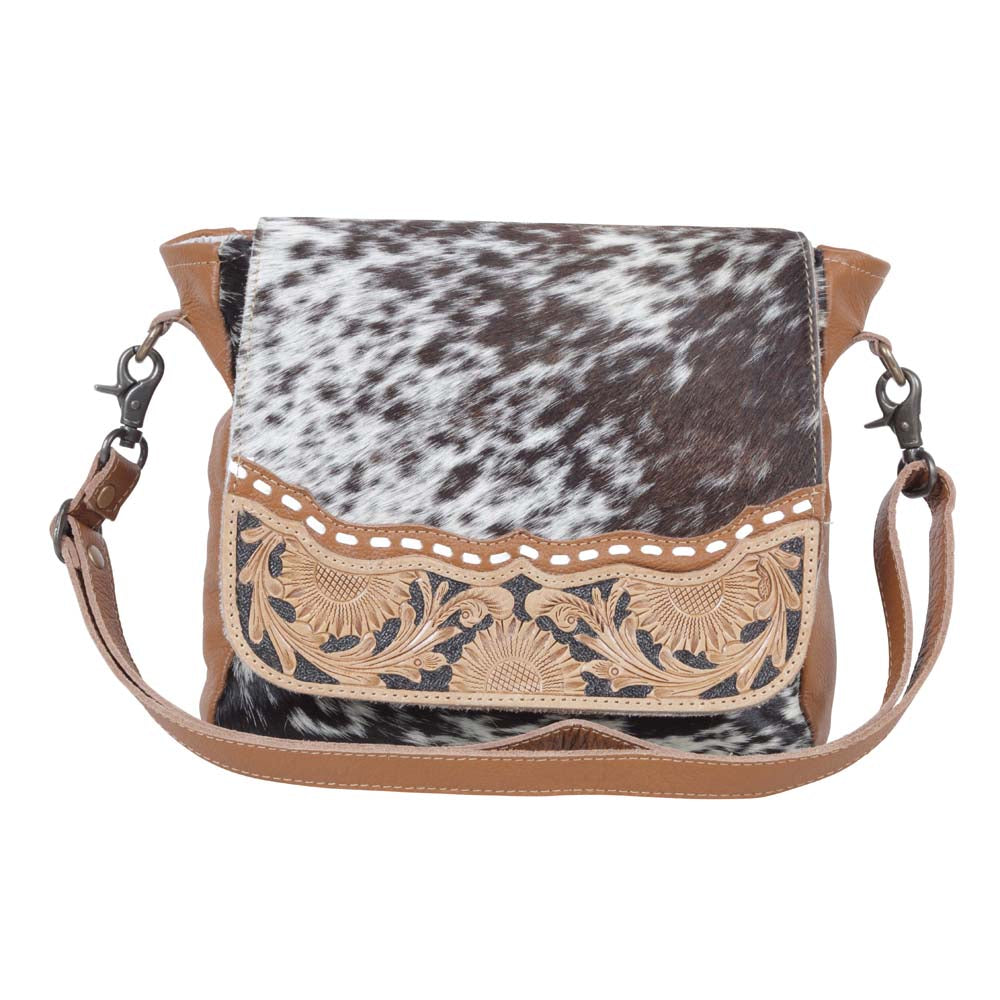 Myra Mangnifique Hairon Leather Crossbody Bag – Handtooled Flap, Concealed Carry Pocket & Adjustable Strap