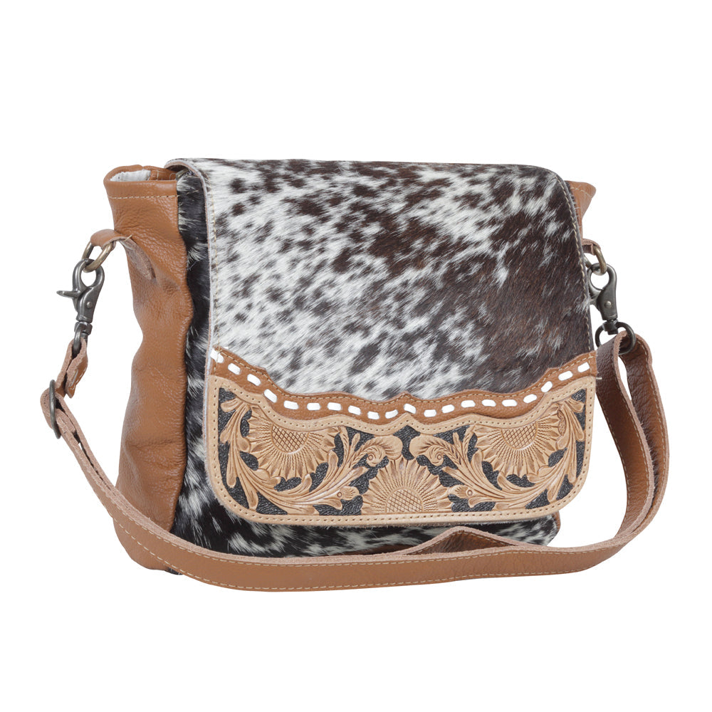 Myra Mangnifique Hairon Leather Crossbody Bag – Handtooled Flap, Concealed Carry Pocket & Adjustable Strap