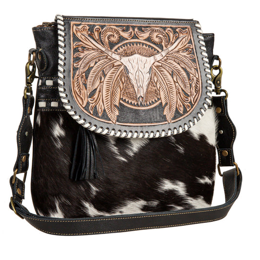 Myra Spirit of the Herd Hairon Leather Bag for Women Western Cowhide Purse with Intricate Tooling