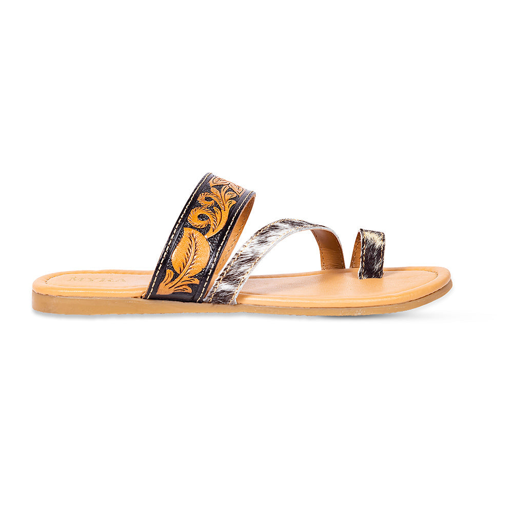 Myra Greta Lee Hair-On Leather Flip Flops for Women - Hand-Tooled Western Slippers with Flat Sole for Everyday Ease