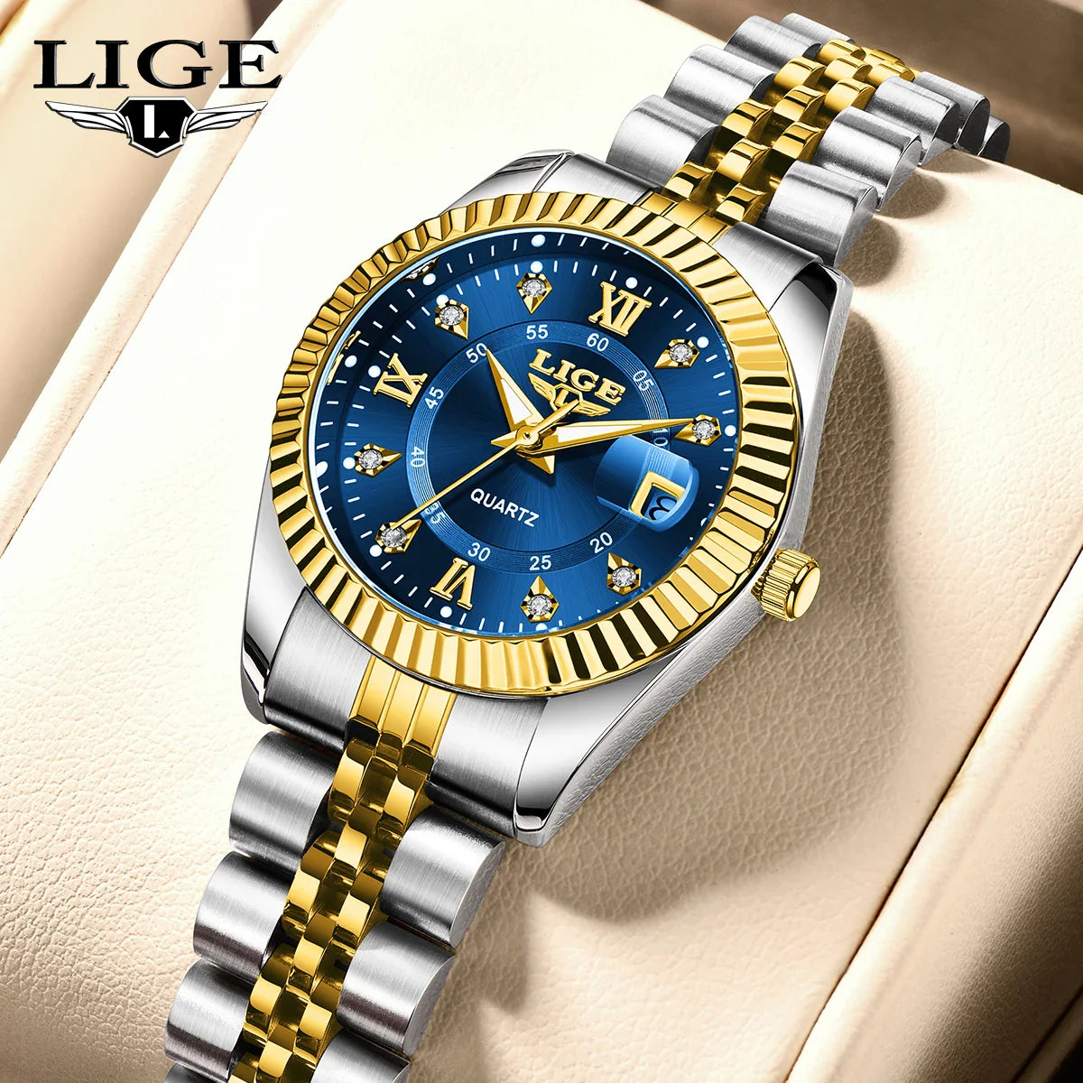 Women's Two Tone Stainless Steel Date Watch Elegant Quartz