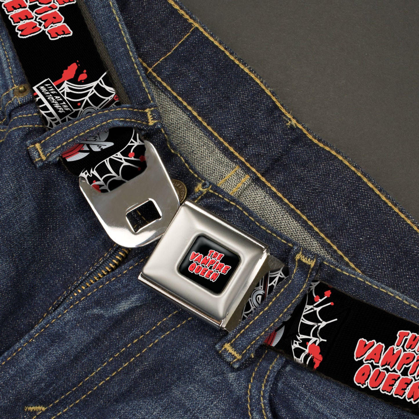 Adventure Time Marceline THE VAMPIRE QUEEN Title Logo Full Color Black/White/Red Seatbelt Belt - Adventure Time Marceline THE VAMPIRE QUEEN Web Pose Black/White/Red Webbing