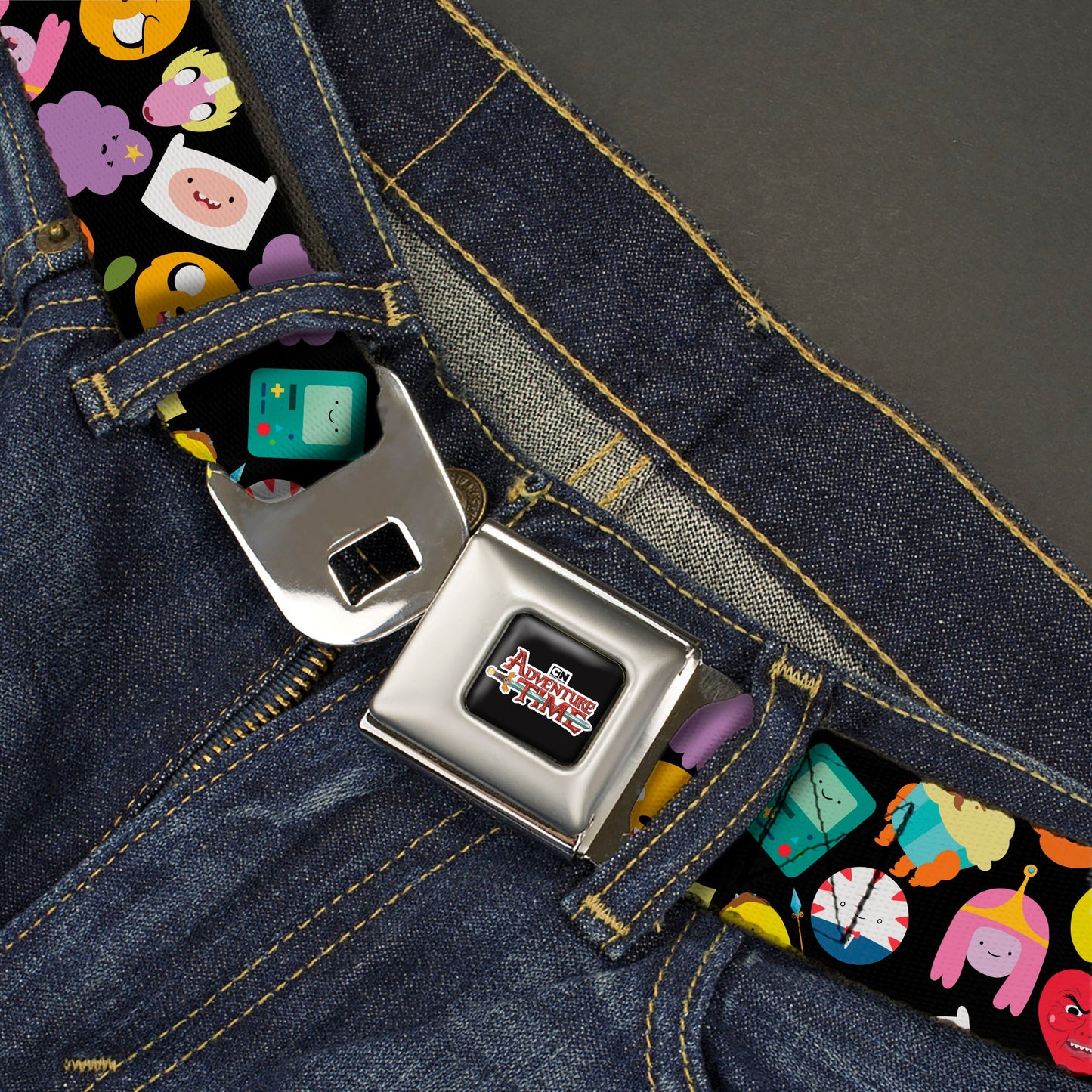 Cartoon Network ADVENTURE TIME Title Logo Full Color Black Seatbelt Belt - Adventure Time Character Face Icons Scattered Black Webbing