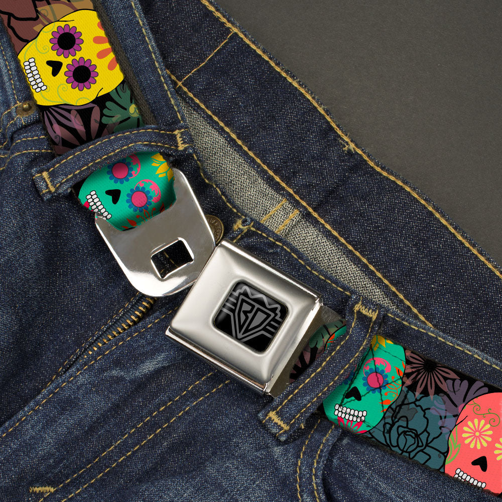 BD Wings Logo CLOSE-UP Black/Silver Seatbelt Belt - Painted Sugar Skulls & Flowers Collage Webbing