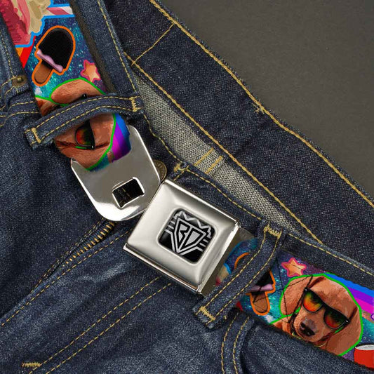 BD Wings Logo CLOSE-UP Full Color Black Silver Seatbelt Belt - Pets & Snacks Rainbow Collage Webbing