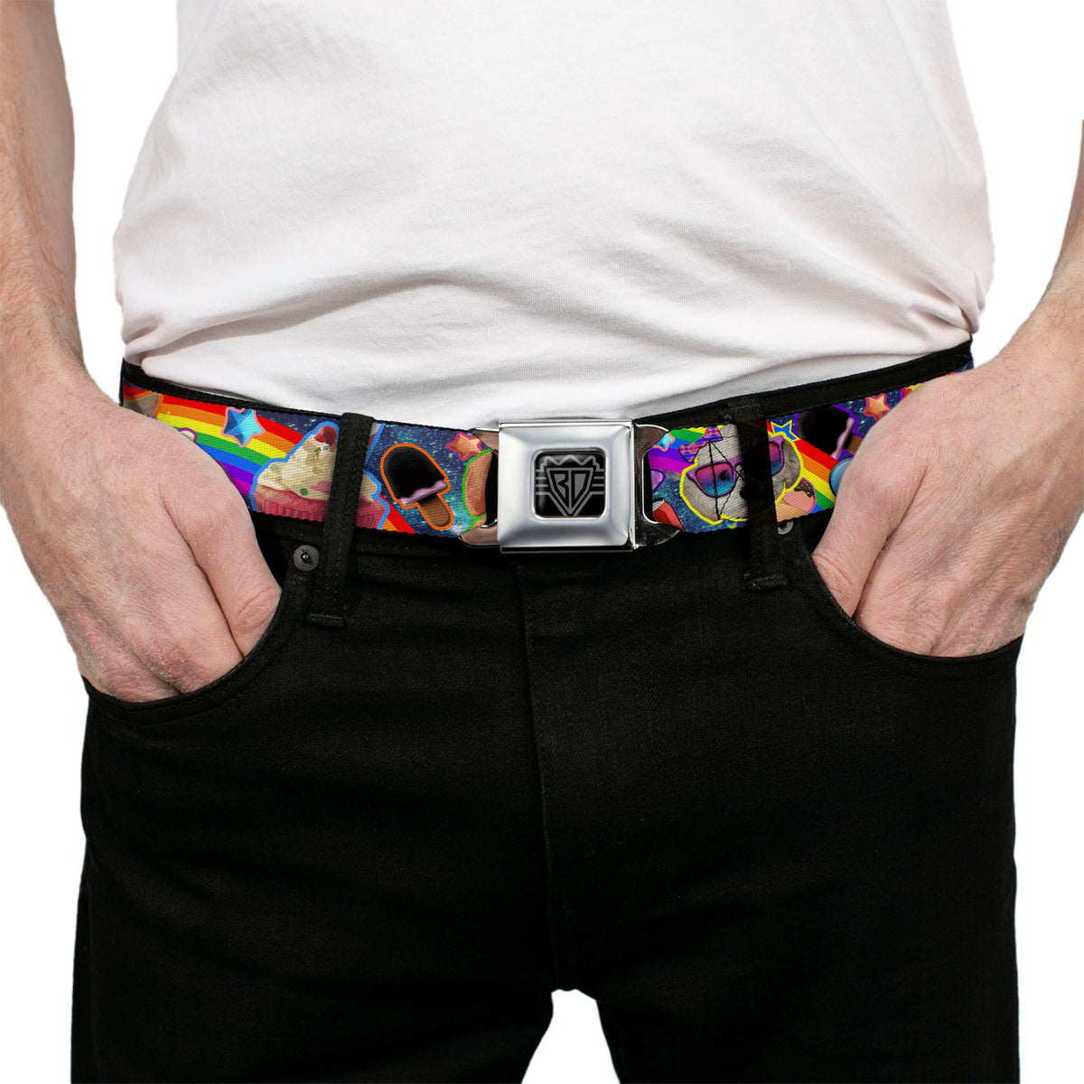BD Wings Logo CLOSE-UP Full Color Black Silver Seatbelt Belt - Pets & Snacks Rainbow Collage Webbing