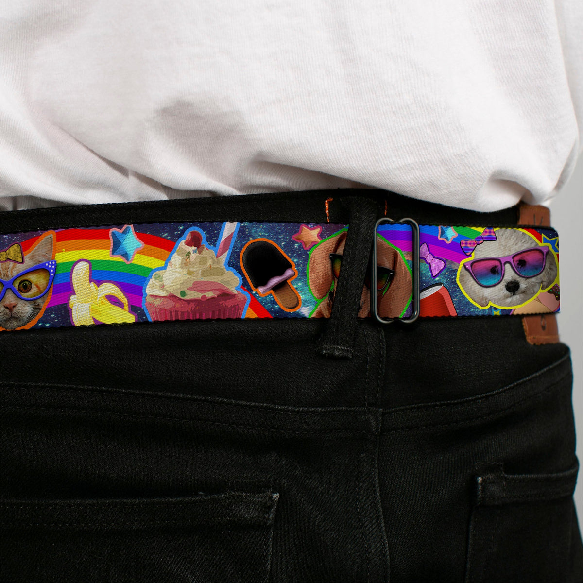 BD Wings Logo CLOSE-UP Full Color Black Silver Seatbelt Belt - Pets & Snacks Rainbow Collage Webbing