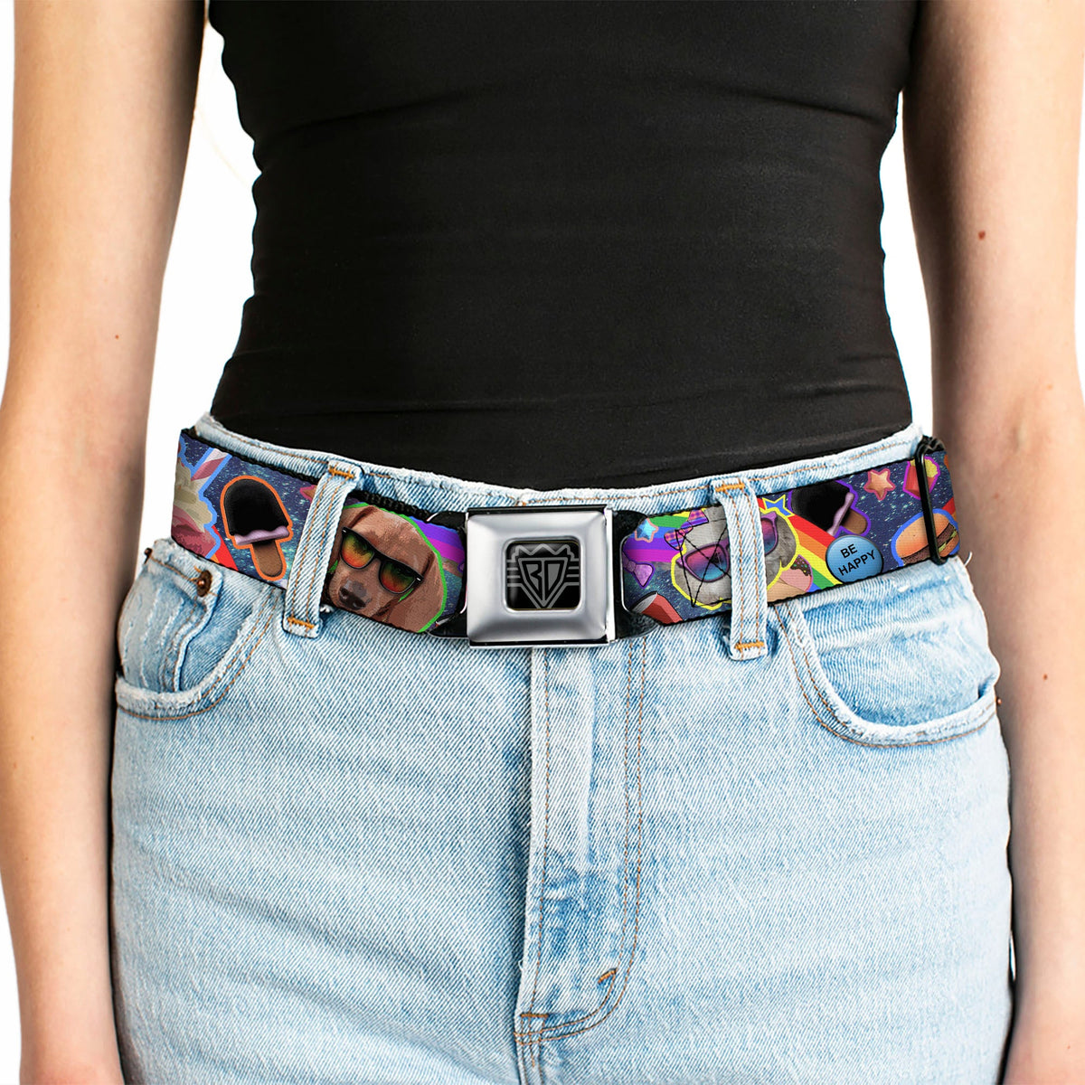 BD Wings Logo CLOSE-UP Full Color Black Silver Seatbelt Belt - Pets & Snacks Rainbow Collage Webbing