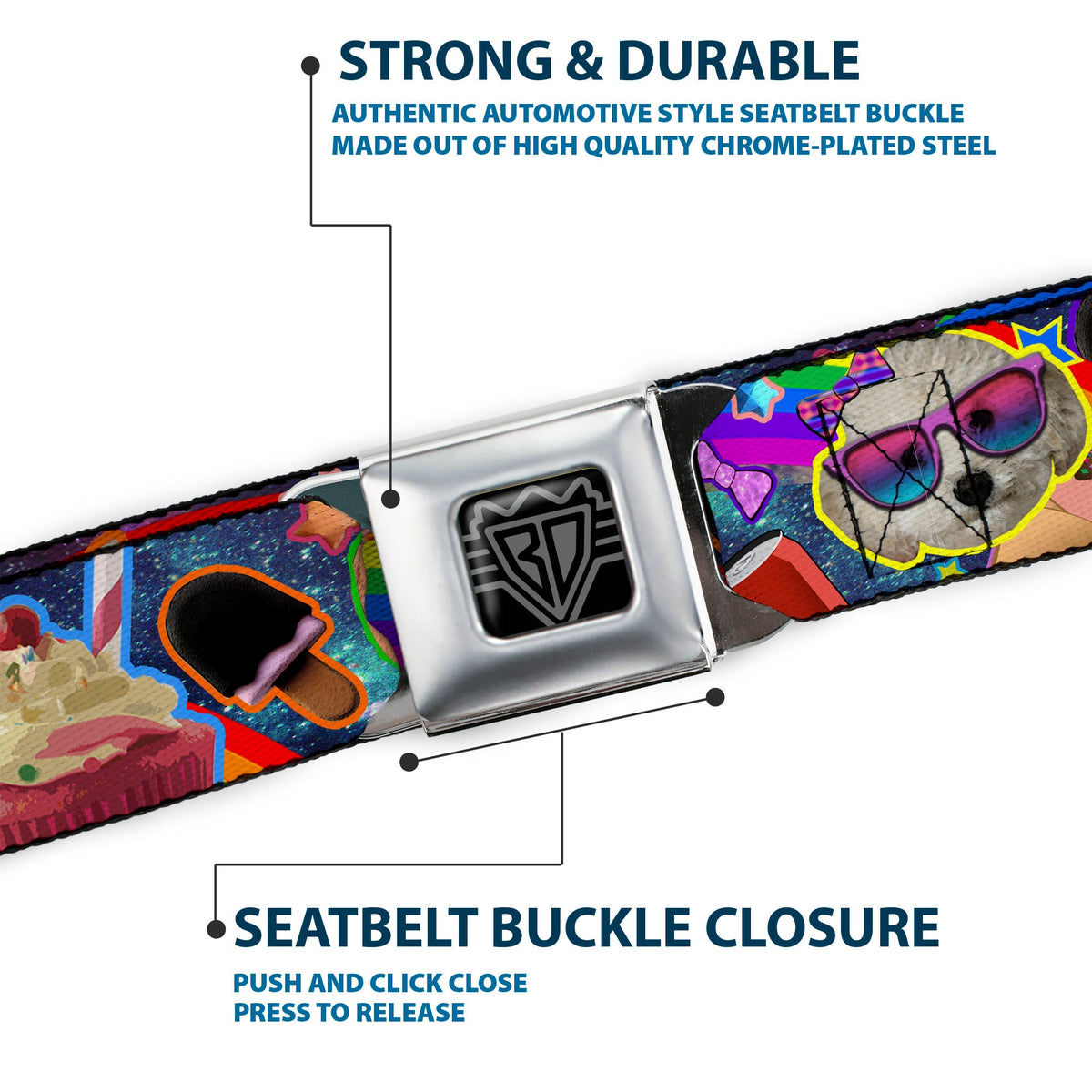 BD Wings Logo CLOSE-UP Full Color Black Silver Seatbelt Belt - Pets & Snacks Rainbow Collage Webbing