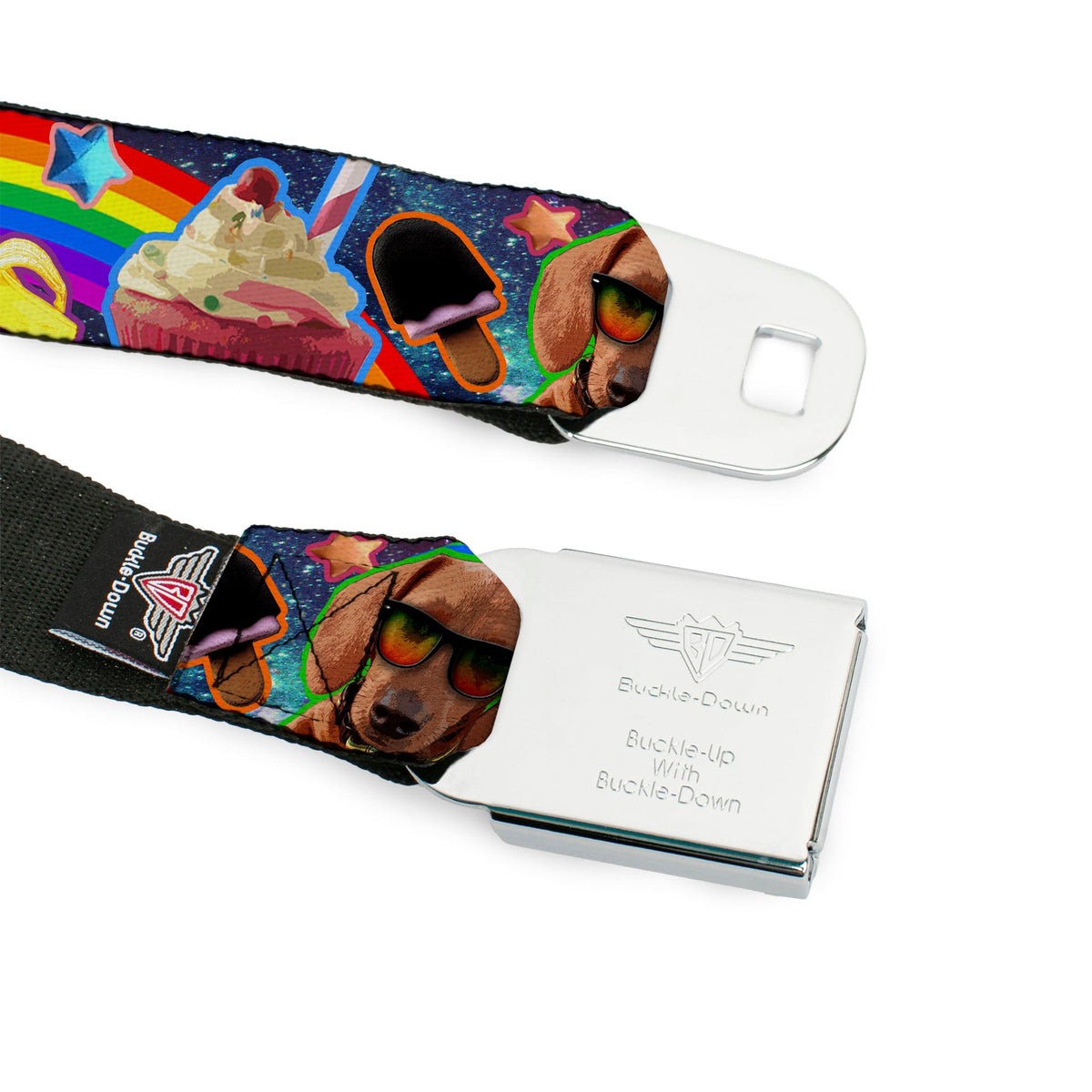 BD Wings Logo CLOSE-UP Full Color Black Silver Seatbelt Belt - Pets & Snacks Rainbow Collage Webbing