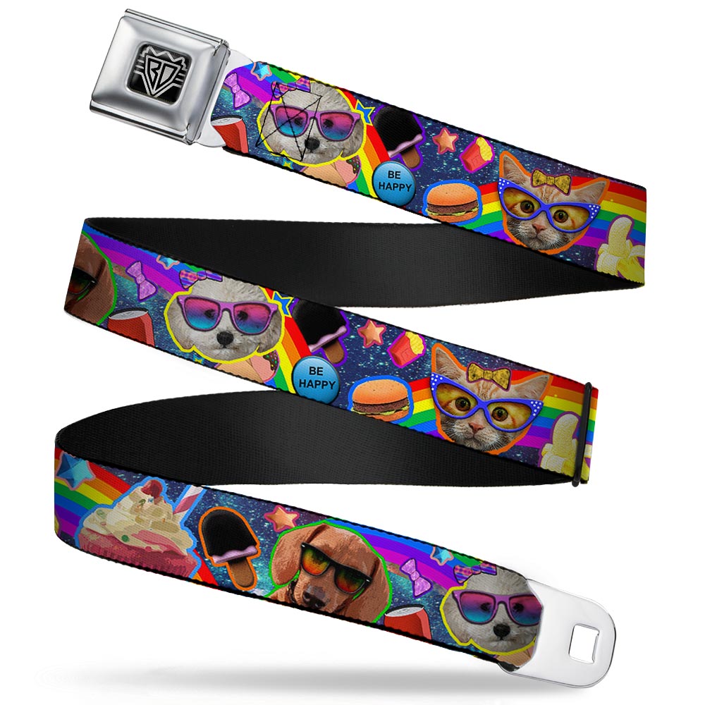 BD Wings Logo CLOSE-UP Full Color Black Silver Seatbelt Belt - Pets & Snacks Rainbow Collage Webbing