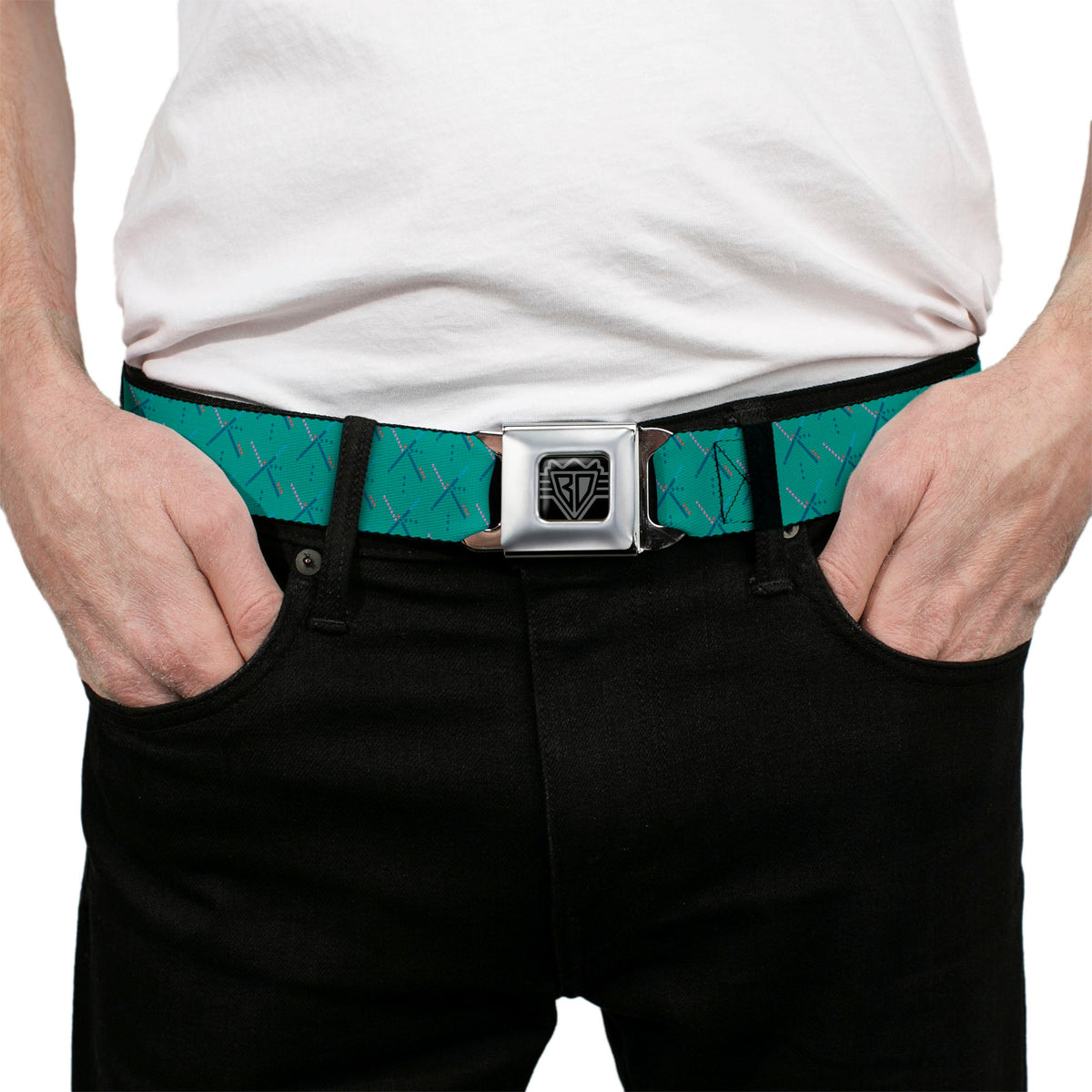 BD Wings Logo CLOSE-UP Full Color Black Silver Seatbelt Belt - PDX Airport Carpet Old Webbing