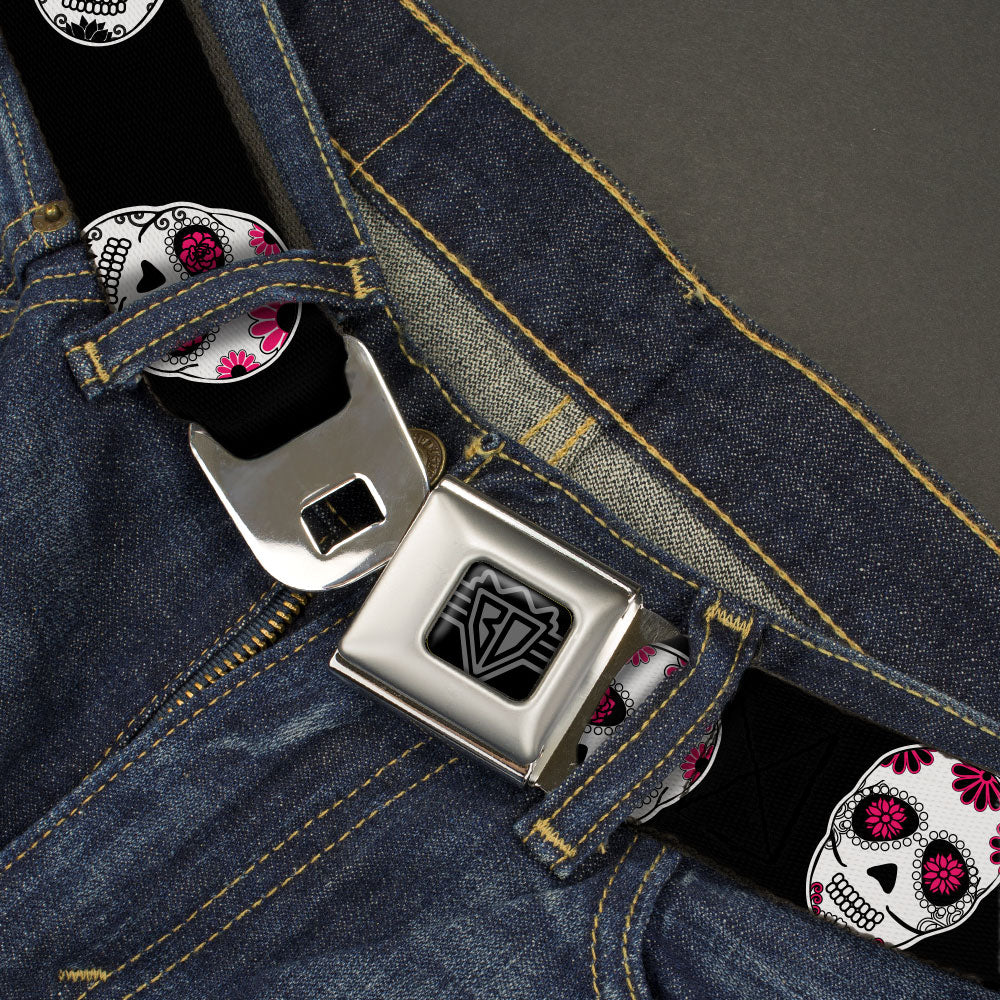 BD Wings Logo CLOSE-UP Black/Silver Seatbelt Belt - Sugar Skulls Scattered Black/White/Fuchsia Webbing