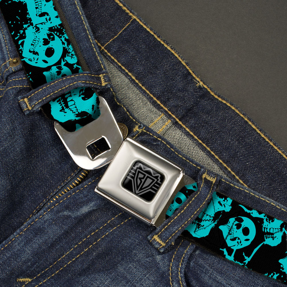 BD Wings Logo CLOSE-UP Black/Silver Seatbelt Belt - Skulls Stacked Weathered Black/Teal Webbing