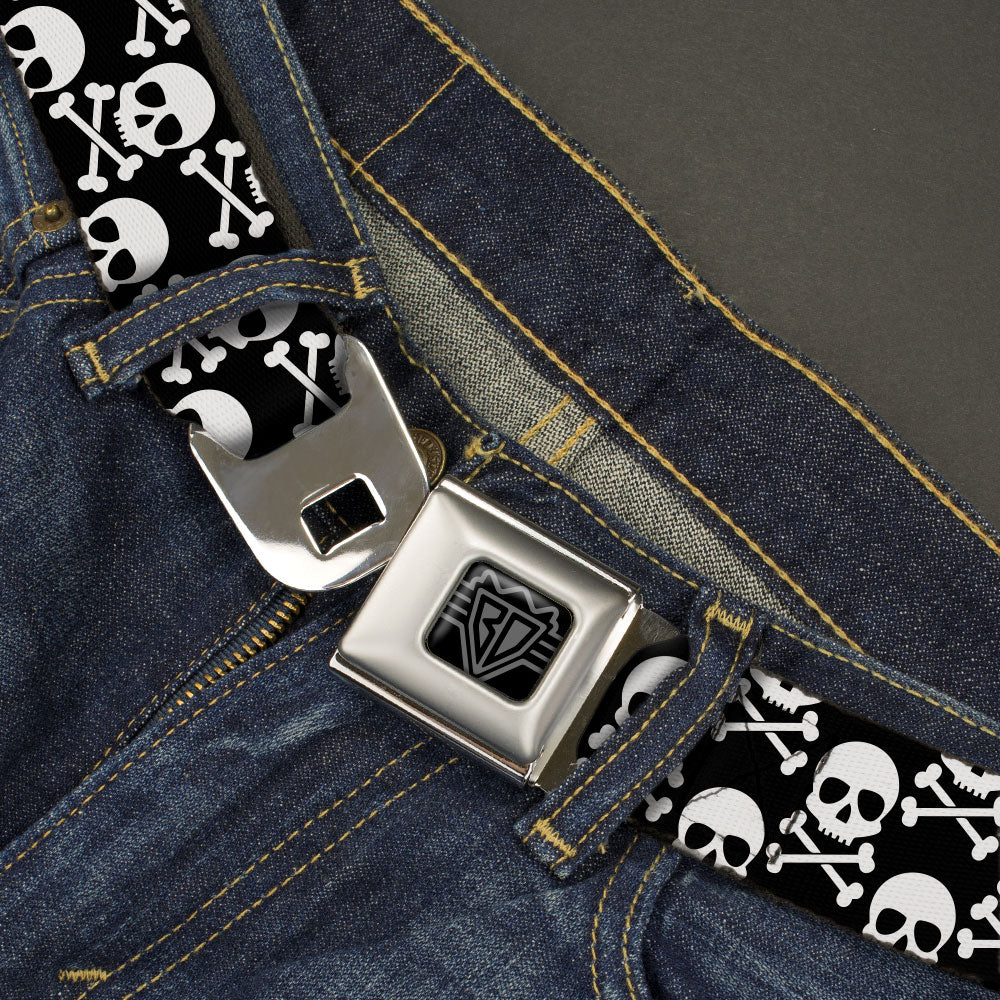BD Wings Logo CLOSE-UP Black/Silver Seatbelt Belt - Skull & Cross Bones Staggered Black/White Webbing