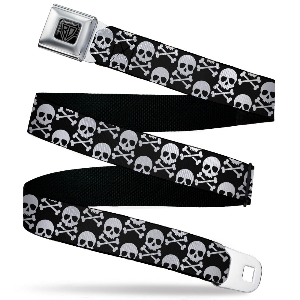 BD Wings Logo CLOSE-UP Black/Silver Seatbelt Belt - Skull & Cross Bones Staggered Black/White Webbing
