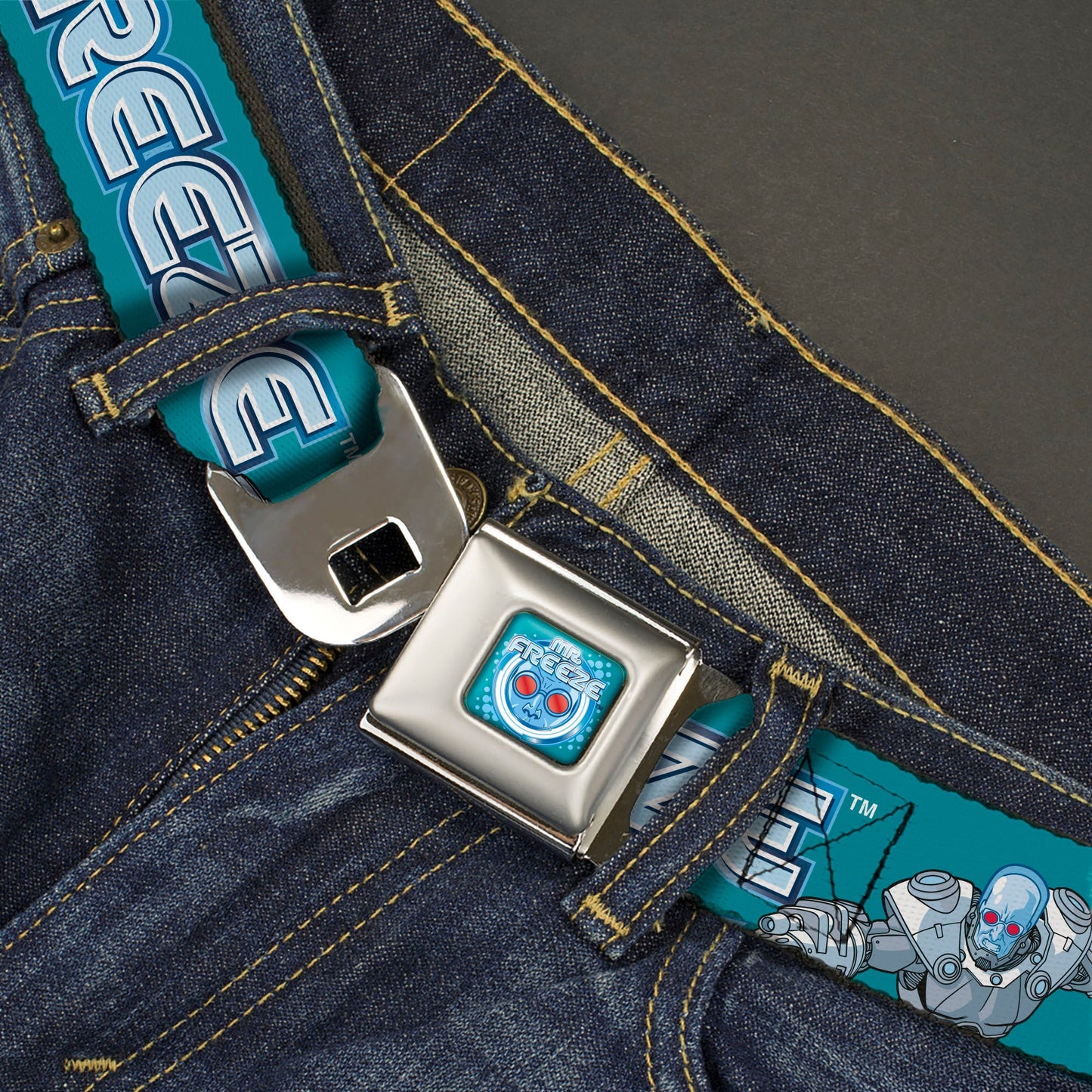 MR. FREEZE Title Logo and Face Full Color Blues Seatbelt Belt - DC Batman Villain MR. FREEZE Poses and Title Logo Blues Webbing
