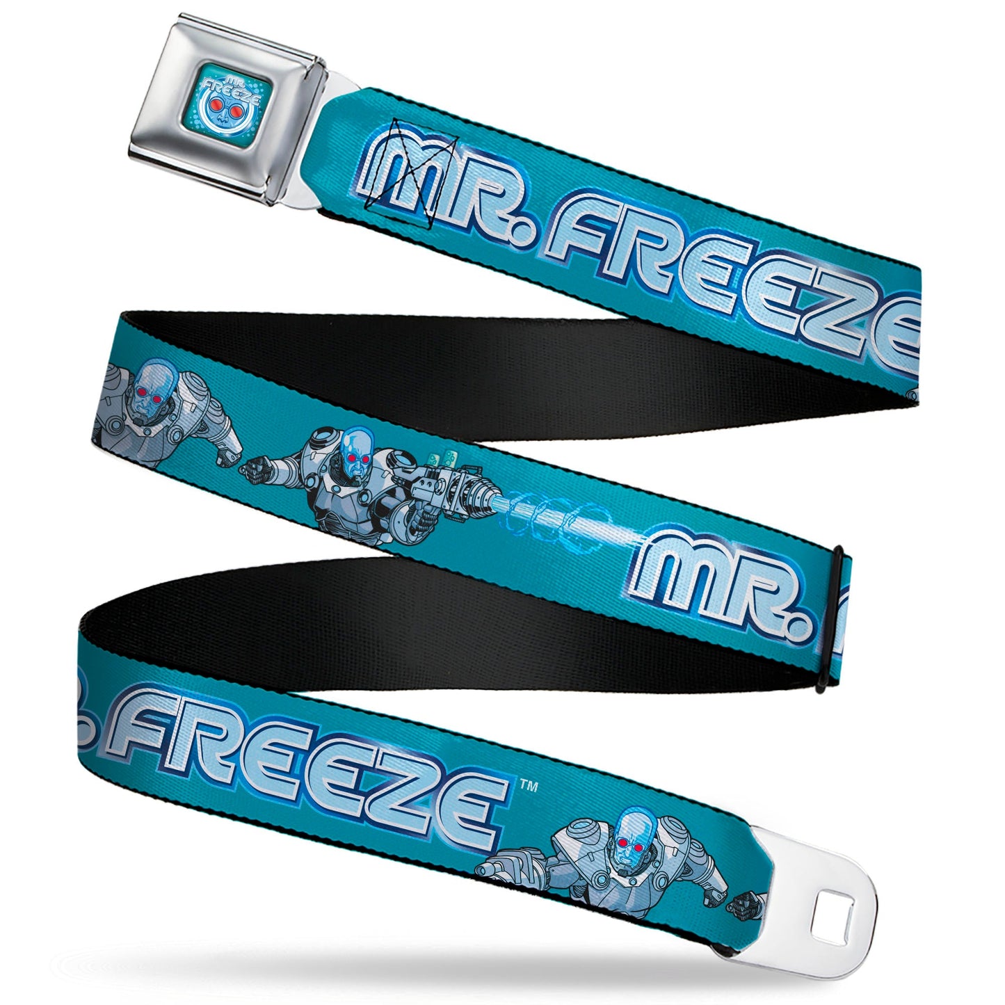 MR. FREEZE Title Logo and Face Full Color Blues Seatbelt Belt - DC Batman Villain MR. FREEZE Poses and Title Logo Blues Webbing