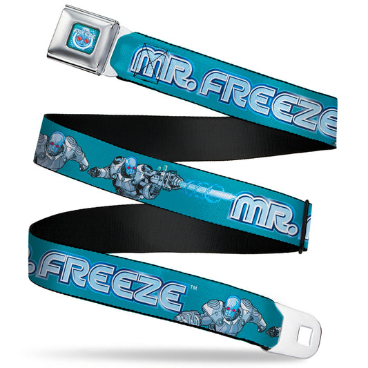 MR. FREEZE Title Logo and Face Full Color Blues Seatbelt Belt - DC Batman Villain MR. FREEZE Poses and Title Logo Blues Webbing
