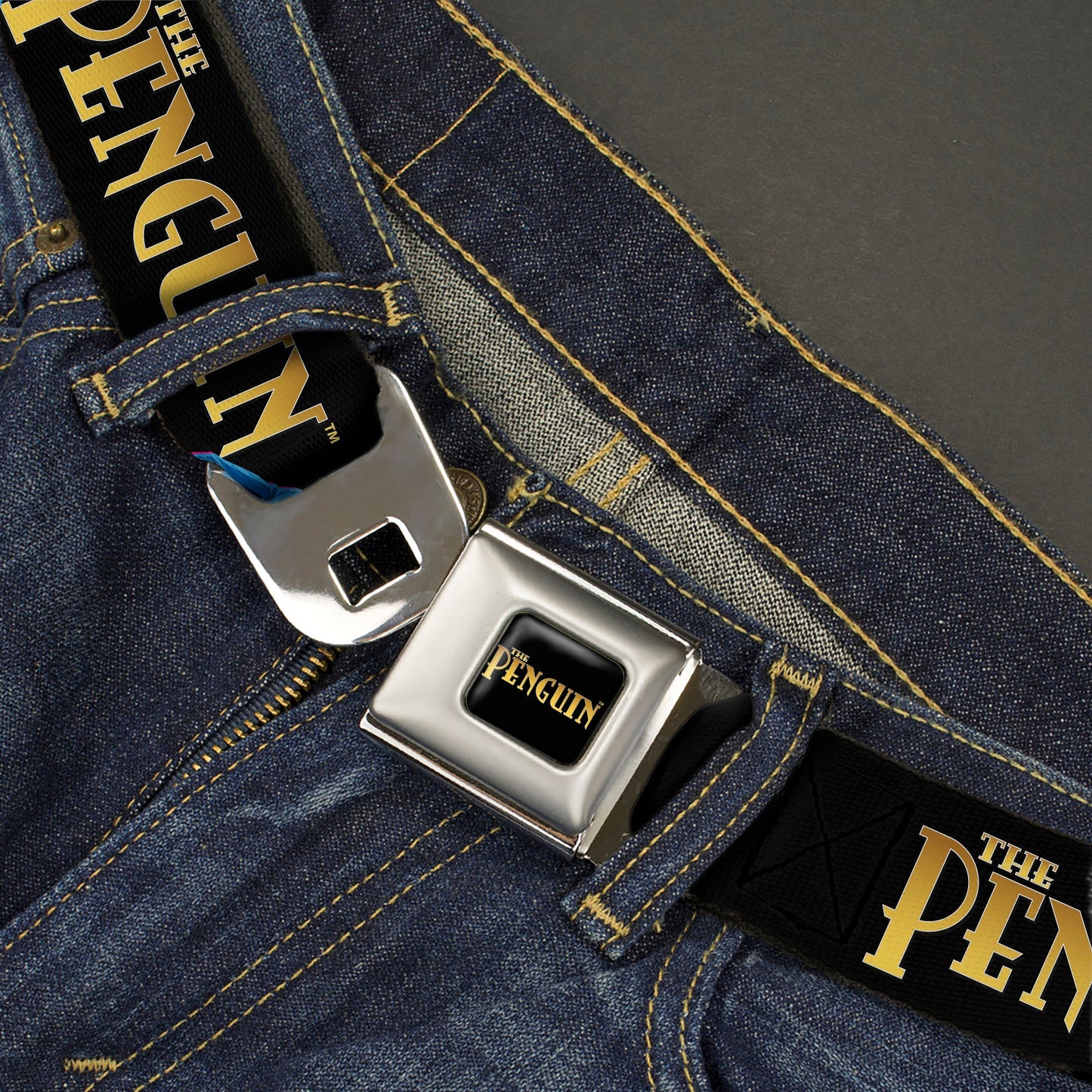 THE PENGUIN Title Logo Full Color Black/Gold Seatbelt Belt - DC Batman Villain THE PENGUIN Poses and Title Logo Black/Gold/Blues Webbing
