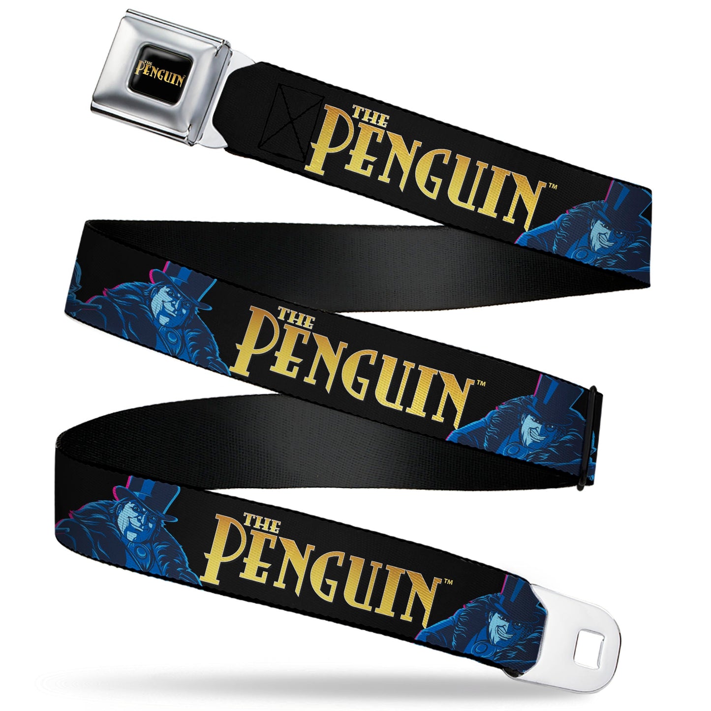 THE PENGUIN Title Logo Full Color Black/Gold Seatbelt Belt - DC Batman Villain THE PENGUIN Poses and Title Logo Black/Gold/Blues Webbing