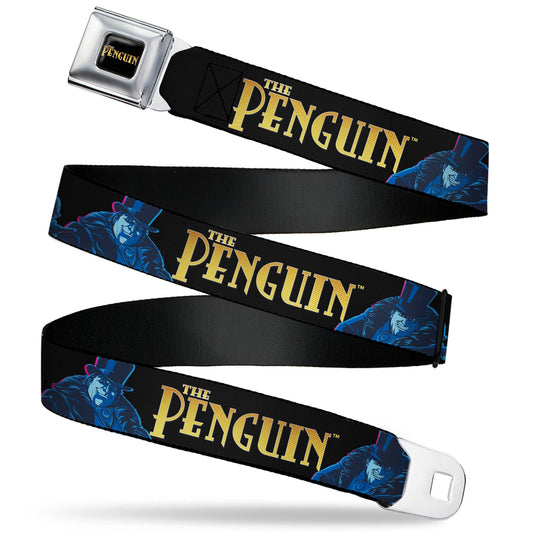 THE PENGUIN Title Logo Full Color Black/Gold Seatbelt Belt - DC Batman Villain THE PENGUIN Poses and Title Logo Black/Gold/Blues Webbing